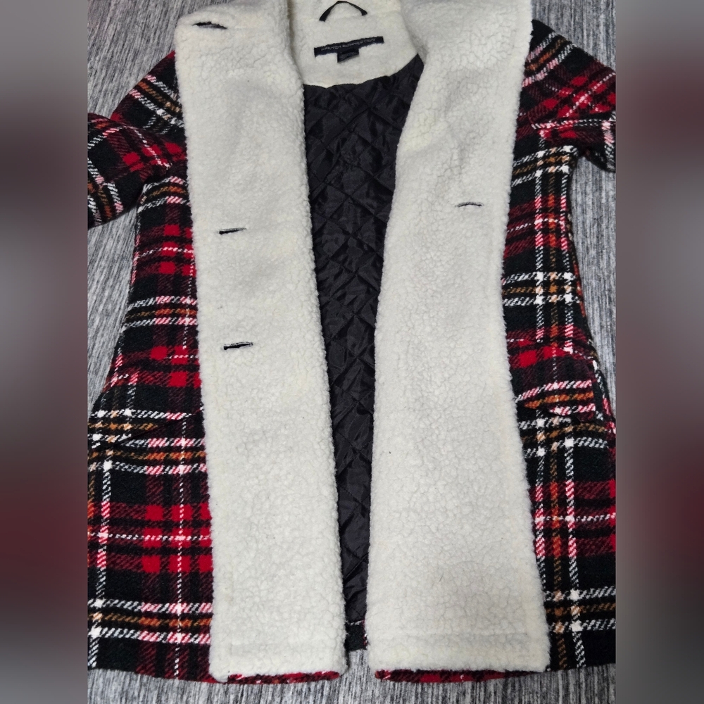 French Connection Red Plaid Pea Coat with White Faux Shearling Collar - Size XS - Picture 6 of 10